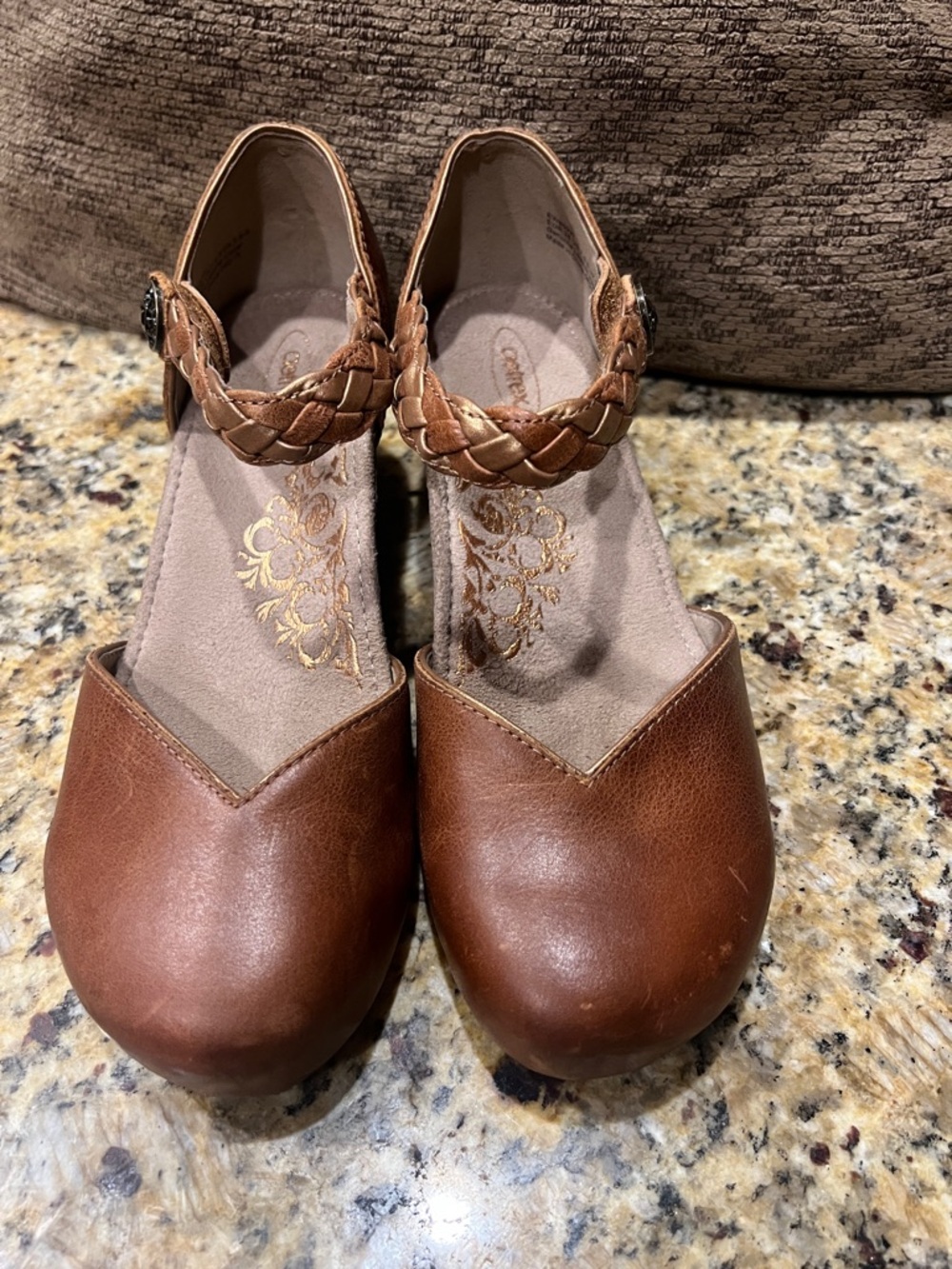 Aetrex Women’s Brown Braided Strap Wedge heel shoes